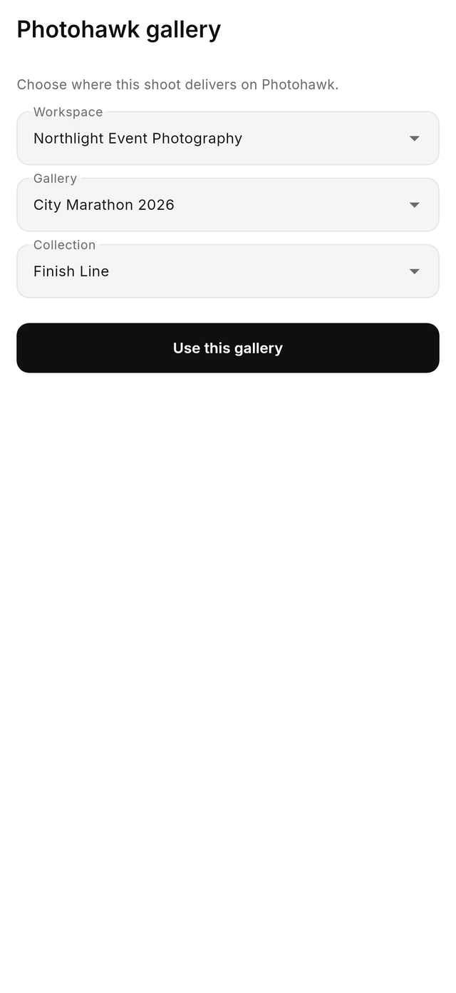 CloudTether's Photohawk gallery screen with Workspace Northlight Event Photography, Gallery City Marathon 2026 and Collection Finish Line, and a Use this gallery button