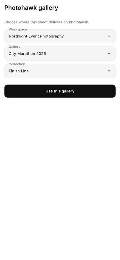 CloudTether's Photohawk gallery screen with Workspace, Gallery and Collection chosen and a Use this gallery button