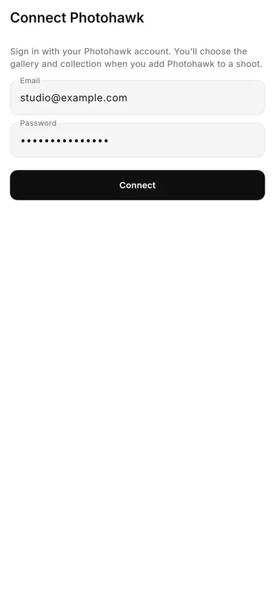 CloudTether's Connect Photohawk screen, with an email address, a hidden password and a Connect button