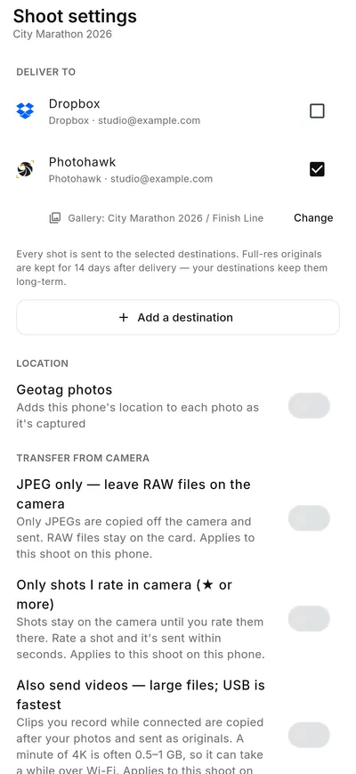 CloudTether's Shoot settings, delivering to a Photohawk gallery, with the JPEG only, rated shots and video options