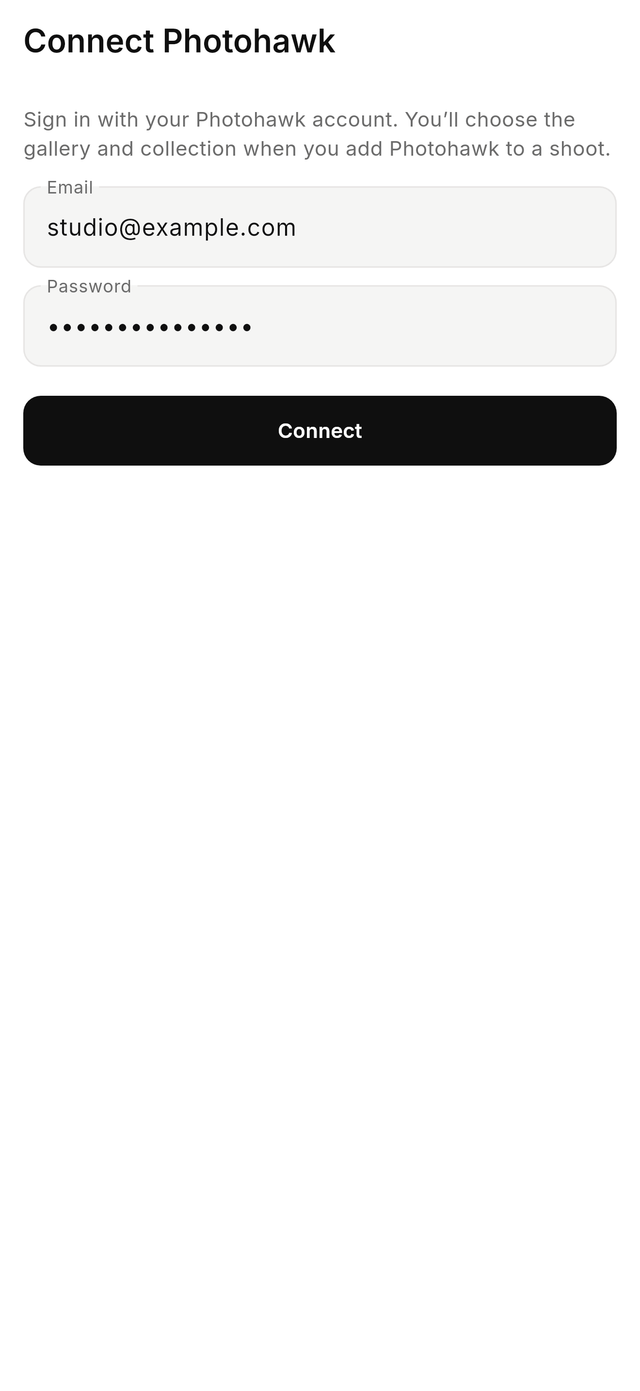 CloudTether's Connect Photohawk screen, with an email address, a hidden password and a Connect button