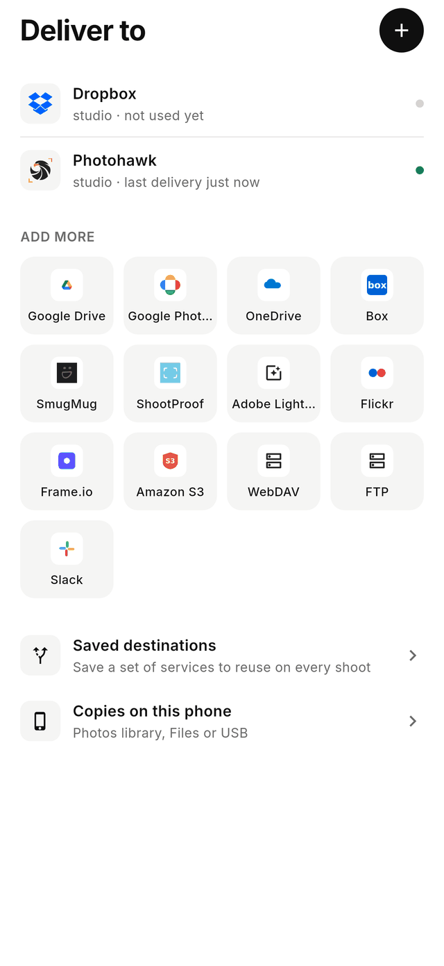 CloudTether's Deliver to screen with Photohawk and Dropbox connected and more services to add, such as Google Drive and OneDrive