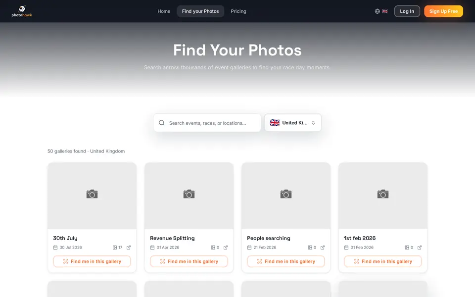 The Find your photos page on Photohawk: a search box for events, races or locations, a country picker, and a grid of event galleries, each with a "Find me in this gallery" button.