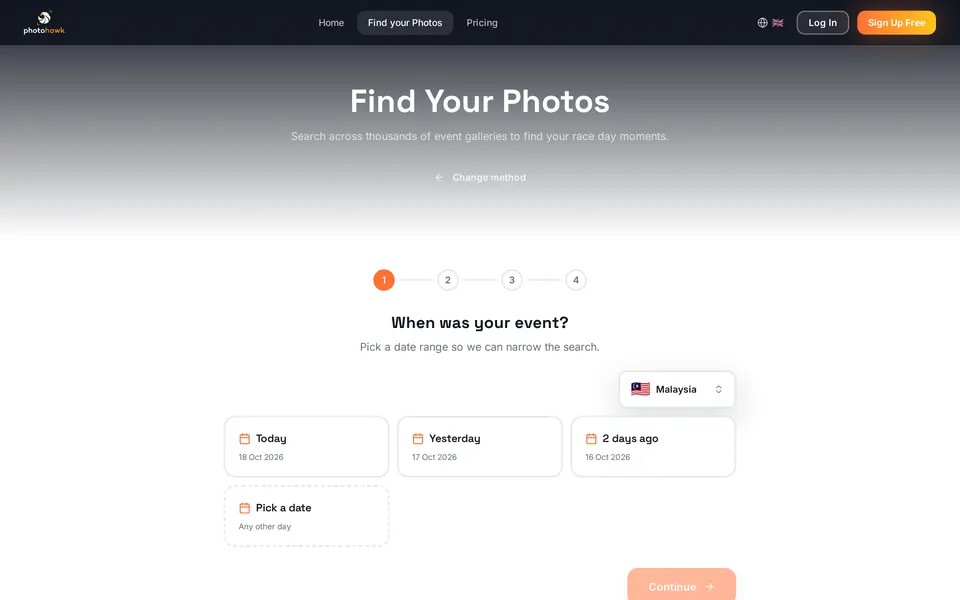Step 1 of 4 of the Find my photos wizard: "When was your event?", with buttons for today, yesterday, 2 days ago and pick a date, and a country picker set to Malaysia.
