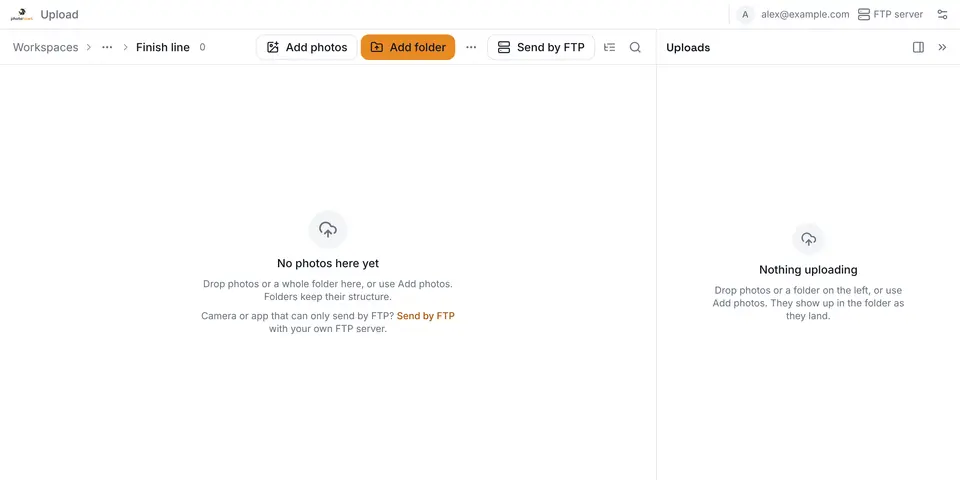An empty collection called Finish line in the web uploader, with Add photos and Add folder buttons, a Send by FTP button, and the message No photos here yet.