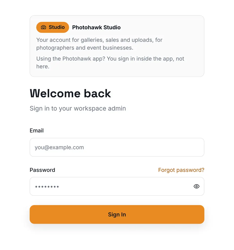 The Photohawk Studio sign-in page with Email and Password fields, a Forgot password link and a Sign In button.