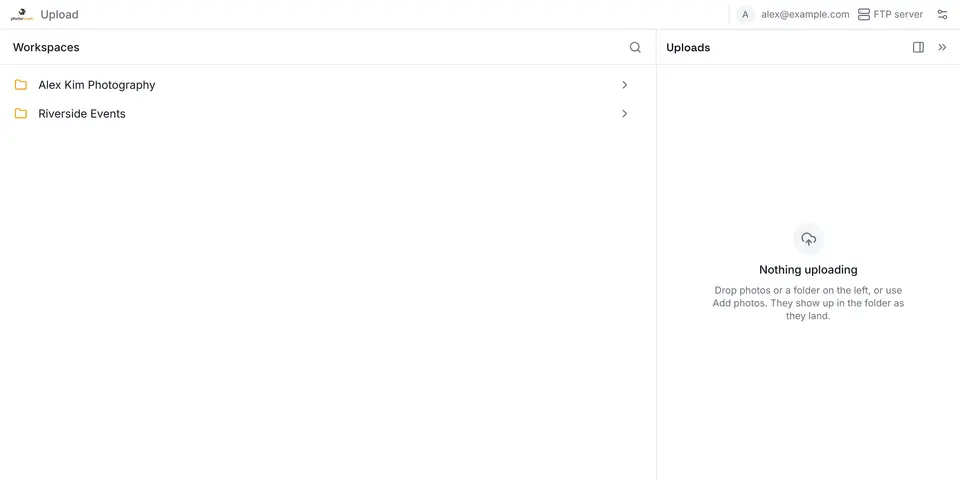 The web uploader's Workspaces list showing Alex Kim Photography and Riverside Events, with an empty upload queue on the right.