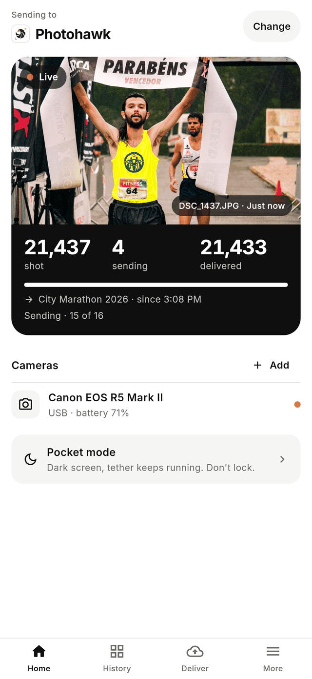 A live CloudTether shoot sending to Photohawk: a runner at the finish line, with 21,437 shot, 4 sending and 21,433 delivered