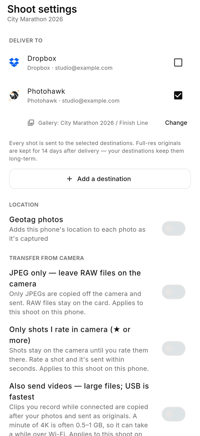 CloudTether's Shoot settings: delivering to Photohawk's City Marathon 2026, Finish Line, with options for JPEG only, only shots rated in camera, and also sending videos