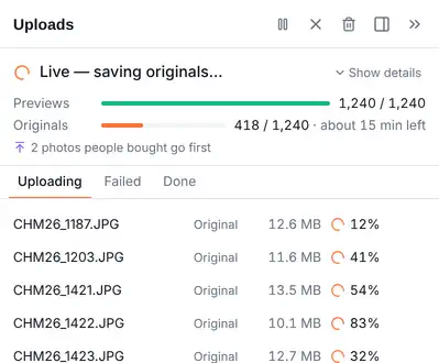 El estado de la subida con las vistas previas primero (Pro y Enterprise): «Live — saving originals…», una fila de progreso para Previews y otra para Originals, y «2 photos people bought go first».
