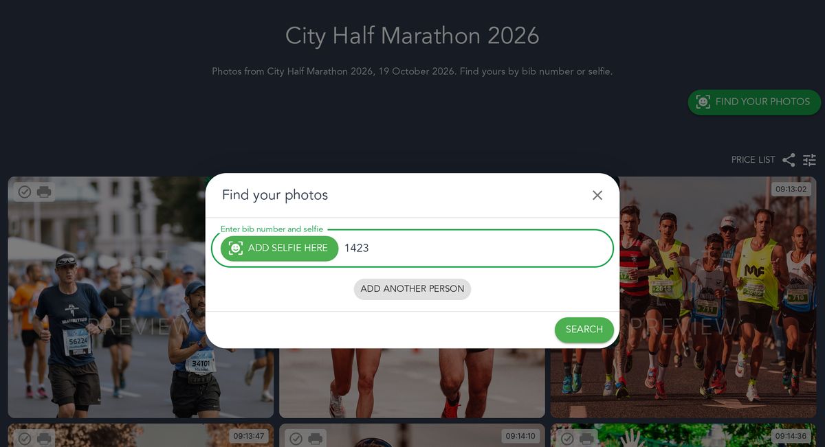 The Find your photos box in a Photohawk Studio race gallery, with bib number 1423 typed in, a button to add a selfie and a Search button, over the dimmed gallery of runners.