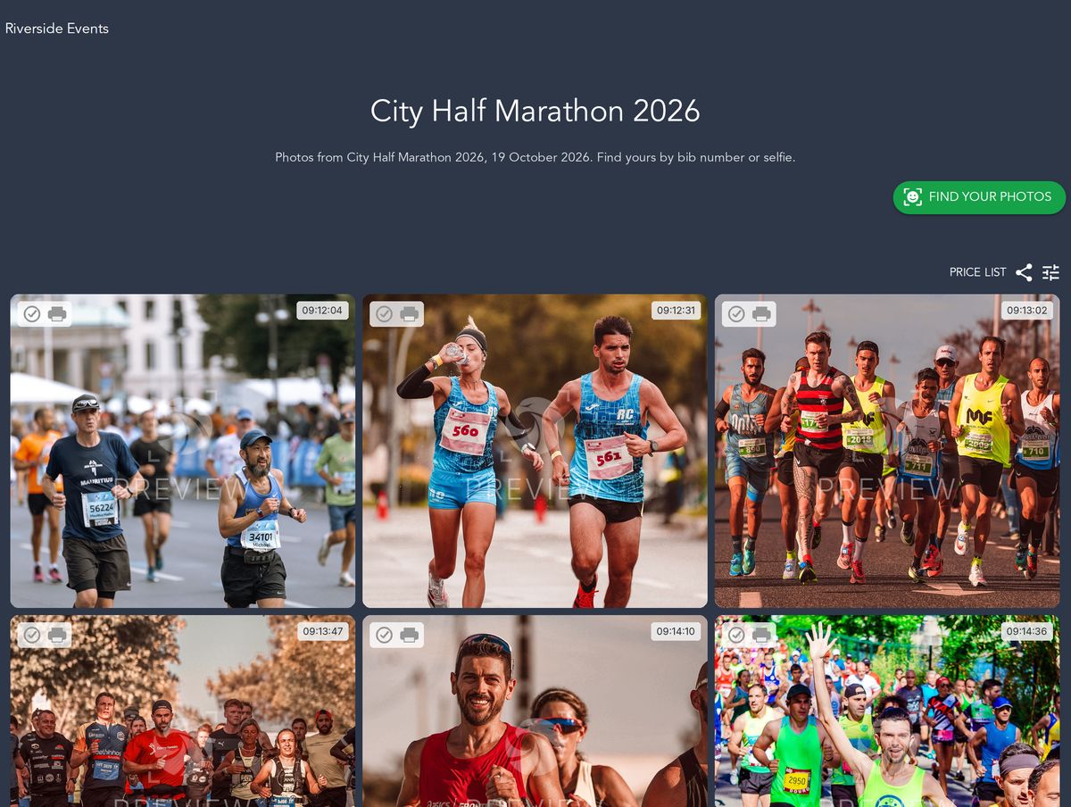 A Photohawk Studio event gallery of road race photos in a grid, each with the PREVIEW watermark and its capture time, under the gallery's name and a Find your photos button.