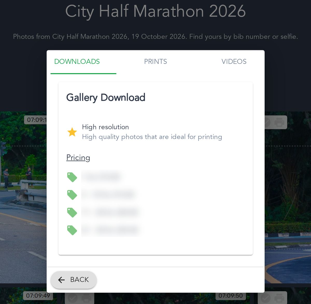 The price list in a Photohawk Studio race gallery: downloads priced for one photo and for bundles of photos, with tabs for prints and videos. The demo prices are blurred.