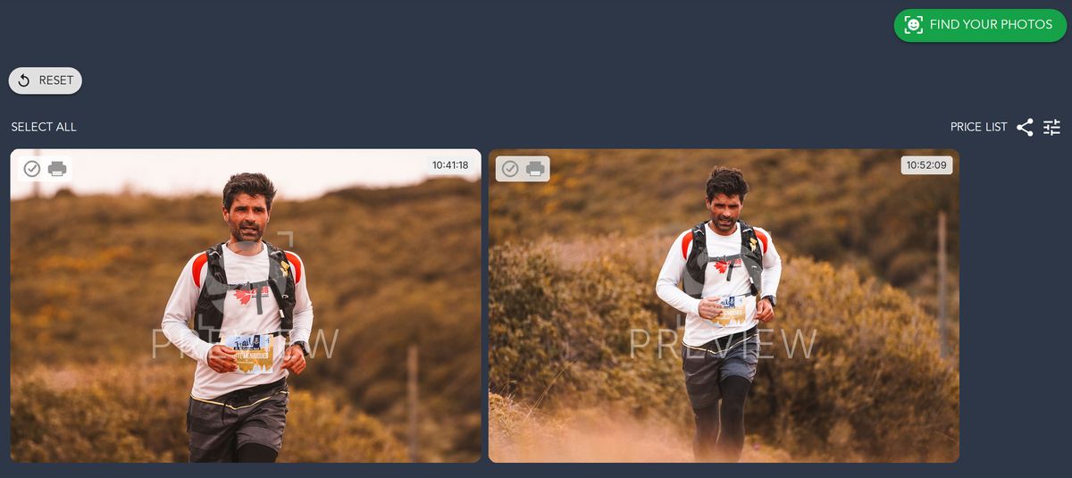 A Photohawk Studio gallery after a selfie search: the two photos of the same trail runner that the selfie matched, with a Reset button to go back to every photo.