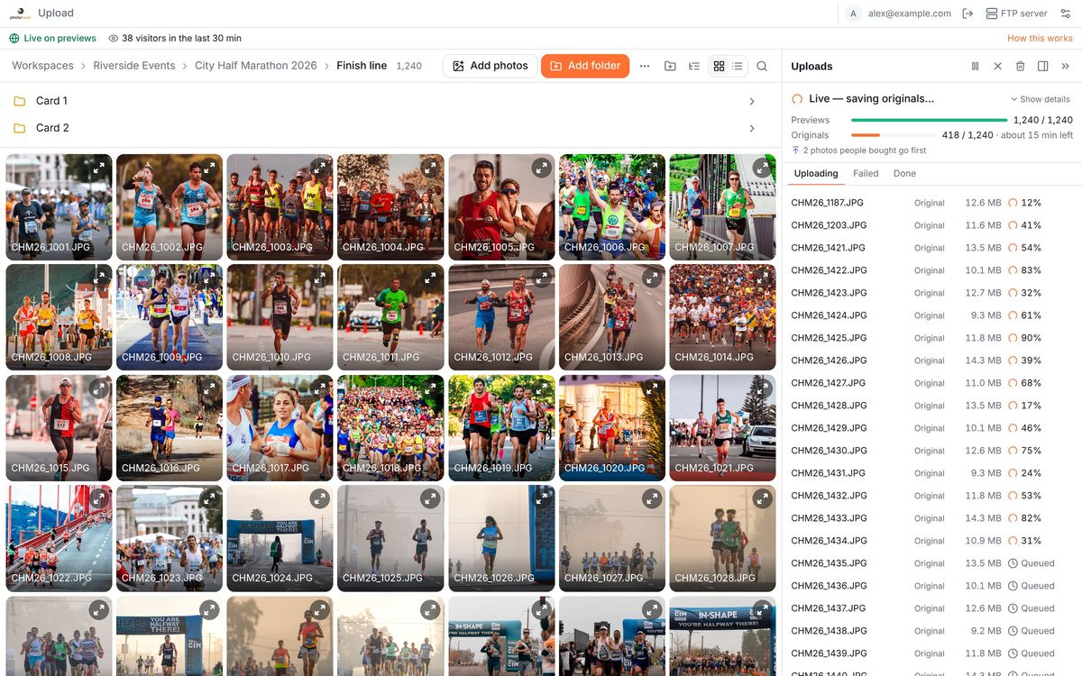 The Photohawk web uploader mid-upload: the status bar says the gallery is live on previews and shows how many people are visiting, the grid shows the race photos, and the queue shows the originals on their way.