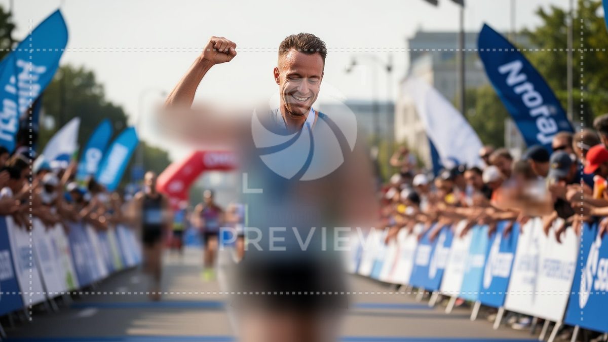 A protected preview: the runner is softly blurred below the face, with a tap icon on him